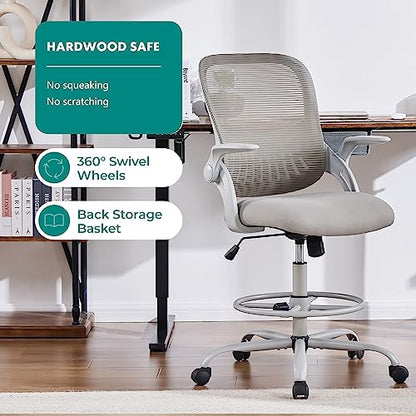 DUMOS Tall Drafting Chair, High Office Chair for Standing Desk | Flip-up Arms, Counter Height Adjustable, Mid Back Mesh, 360° Rolling Swivel Wheels, Grey - color: Grey, size: 18.5"D