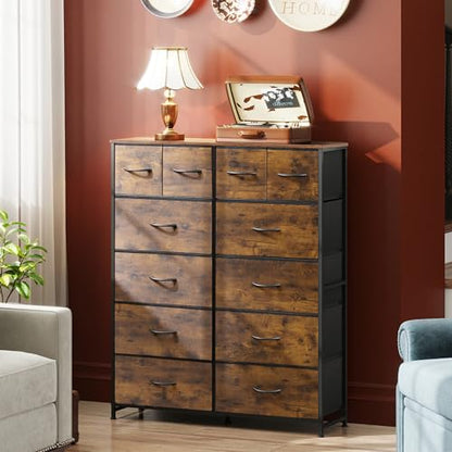 WLIVE 12 Drawer Tall Fabric Dresser Bedroom Storage Chest, Rustic Brown | 12-drawer tall fabric dresser with wood top and steel frame, P2 grade board, ideal for bedroom closet living room storage - color: Rustic Brown Wood Grain Print