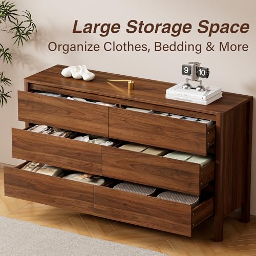 Furniway 55" Mid-Century Modern Dresser for Bedroom, 6 Drawer Wide Chest of Drawers with Wood Legs, Large Storage Bedroom Dresser, Walnut - size: 15.7"D x 55.1"W x 31.5"H (6 Drawers)