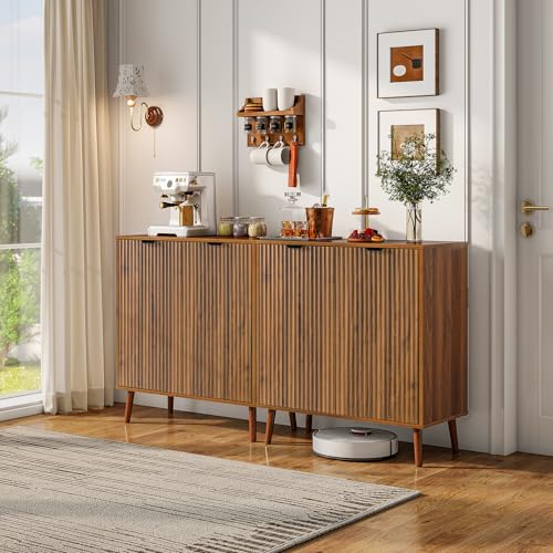 LYNCOHOME Fluted Sideboard Buffet Cabinet with Storage, 2 Doors with Solid Wood Feet for Kitchen, Hallway - size: 15.8"D x 31.5"W x 34.6"H