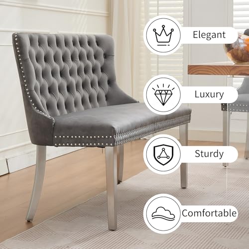 Grey Velvet Dining Bench with Back, Tufted Banquette Seating, Silver Legs | Upholstered loveseat bench; tufted back; nailhead trim; 500 lb capacity; foam and spring seat; dining room or entryway - color: Grey(silver Stainless Steel Legs)