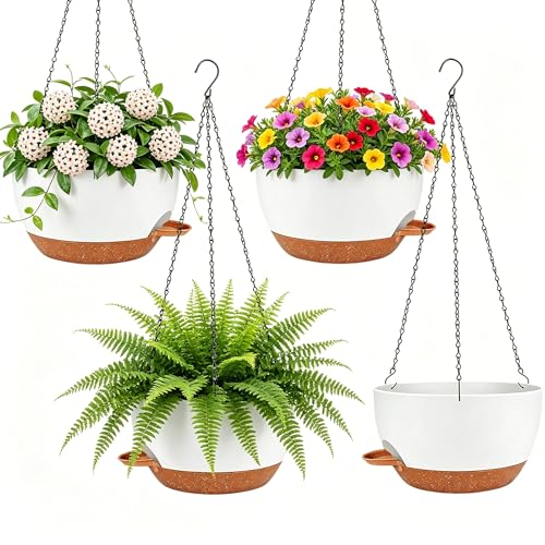 Set of 4-8 Inch Self Watering Hanging Planters for Indoor Outdoor，Hanging Plant Pots with Drainage & Removable Tray, Hanging Pots Holder for Ivy, Pothos, Ferns, Balcony & Patio, White Brown - color: White Brown, size: 4 pack 8 inch
