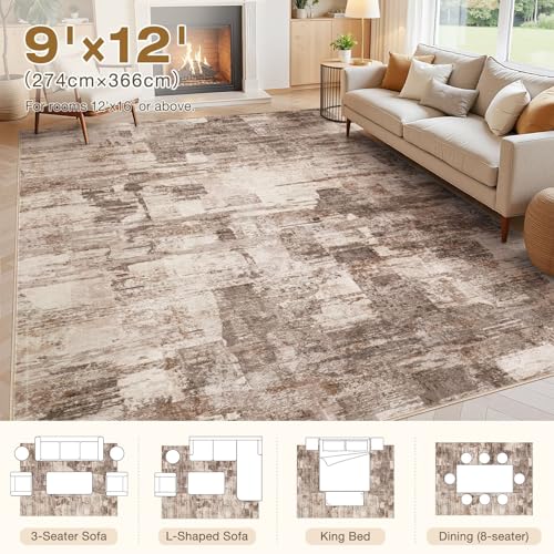 kakania Abstract 9x12 Area Rugs for Living Room: Washable Rugs Brown | Soft, Non-Slip, Low-Pile, Pet & Kid Friendly - Large Modern Home Decor Carpet for Bedroom/Dining Room/Office/Nursery - color: Brown, size: 9' x 12' (Rectangular)