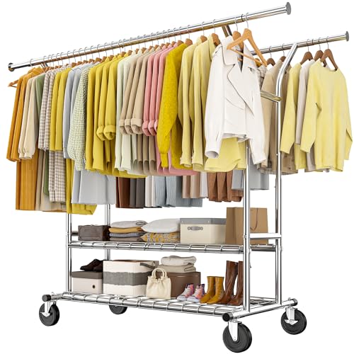 Raybee Heavy Duty Clothes Rack 630 LBS Capacity Double Rods Shelves Storage | 360°Lockable Wheels, Snap-on Design, Tool-free Assembly, Extendable Rods, Adjustable Height, Bedroom Wardrobe Closet Organize - color: Chrome