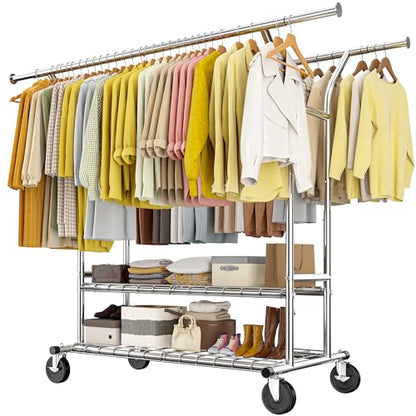 Raybee Heavy Duty Clothes Rack 630 LBS Capacity Double Rods Shelves Storage | 360°Lockable Wheels, Snap-on Design, Tool-free Assembly, Extendable Rods, Adjustable Height, Bedroom Wardrobe Closet Organize - color: Chrome