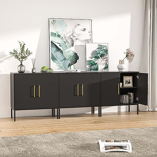 Set of 3 Storage Cabinets with Adjustable Shelf and Gold Handle, Black丨Buffet Cabinet with Storage, Accent Cabinet with Metal Legs, Sideboard Cabinet for Living Room, Bedroom, Hallway, Entryway - color: Black, size: 3 Pack