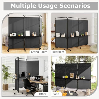 Giantex 3 Panel Room Divider with Wheels and Shelves, 103" W x 74" H Folding Privacy Screen, Rolling Partition Separator for Home Office Studio, Fabric Wall Divider for Room Separation (Black) - color: Black