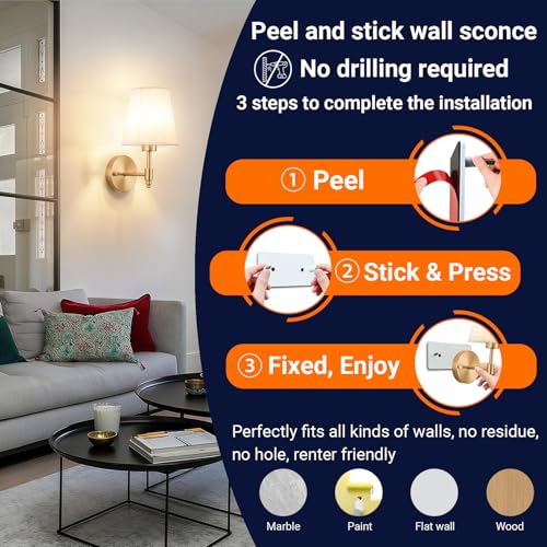 YHCDLAMP Peel and Stick Wall Sconces, No Drilling Stick On Wall Sconce, Wireless Battery Operated Wall Lights, Adhesive Wall Lamp with 10000mAh Battery Bulb for Bedroom Living Room Decor - color: Bronze-11.8inch