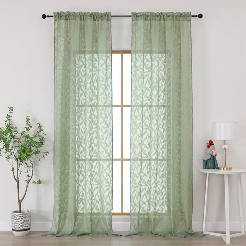 Gwine Sheer Curtains 96 Inches Long 2 Panels Set, Light Filtering Clip Jacquard Textured Curtain for Living Room Bedroom, Soft Airy Rod Pocket Farmhouse Curtains, Sage Green, 42" Wx96 L Inch, 2PCS - color: Sage Green, size: 42"W x 96"L (Pack of 2)