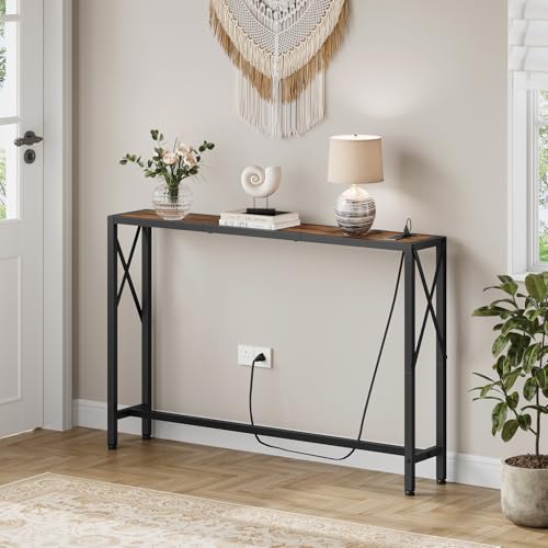 Gewudraw Narrow Console Table with Socket, Sofa Table Behind Couch, Brown | 41.8" Couch Table, Industrial Style, Long Skinny Design,For Hallway,Living Room,Bedroom, Built-In Outlets & USB,140cm Length - color: Rustic Brown, size: 41.7 in