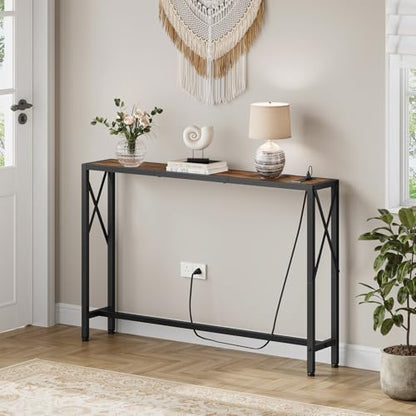 Gewudraw Narrow Console Table with Socket, Sofa Table Behind Couch, Brown | 41.8" Couch Table, Industrial Style, Long Skinny Design,For Hallway,Living Room,Bedroom, Built-In Outlets & USB,140cm Length - color: Rustic Brown, size: 41.7 in