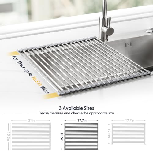 Tomorotec 17.7" x 15.5" Roll Up Dish Drying Rack Over Sink Drying Rack Sink Cover Kitchen Sink Accessories Gadget Multipurpose Organizer Foldable Stainless Steel Drainer (Grey) | Anti-Slip Silicone Rims For Grip, Heat-Resistant Trivet Mat Holding Heavy Co