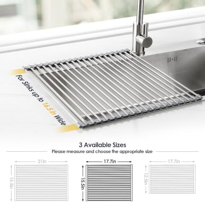 Tomorotec 17.7" x 15.5" Roll Up Dish Drying Rack Over Sink Drying Rack Sink Cover Kitchen Sink Accessories Gadget Multipurpose Organizer Foldable Stainless Steel Drainer (Grey) | Anti-Slip Silicone Rims For Grip, Heat-Resistant Trivet Mat Holding Heavy Co