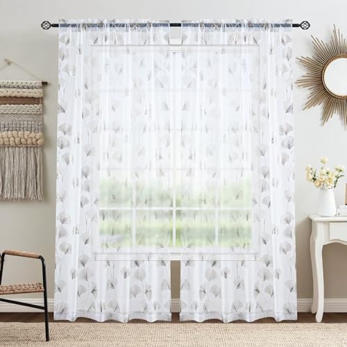 Silver Foil Print Sheer Curtains 96 inches Long, 2 Panels Ginkgo Bronzing Treatment Sheer Curtain, Rod Pocket Window Treatment Panels for Bedroom Living Room - color: Ginkgo/Silver/White, size: 42"W x 96"L (Pack of 2)