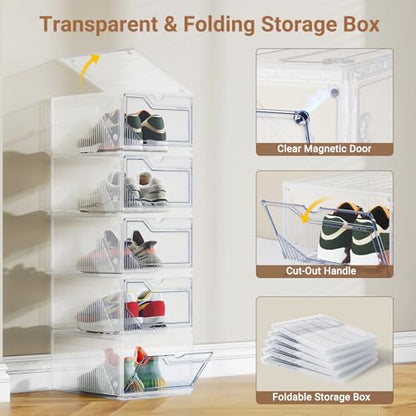 BROVIEW XX-Large Shoe Sneaker Storage Boxes for Size 14, 1 Pack Shoe Boxes | Stackable & Thicken Clear Plastic Shoe Organizers for Entryway Closet, Shoe Container Display Case w/ Magnetic Door - size: 1 pack