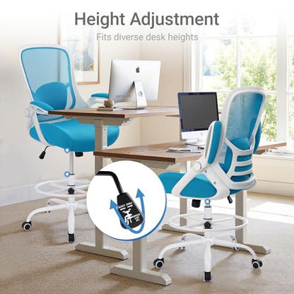 400lbs Heavy Duty Drafting Chair 5" Thickened Seat Office Chair with Flip-Up Armrests Tall Ergonomic Computer Chair with Lumbar Support and Adjustable Footrest Ring Standing Desk Chair (Blue) - color: Blue