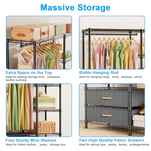 F3 Heavy Duty Clothes Rack（With Fabric Drawers）Freestanding Clothing Racks for Hanging Clothes，Adjustable Closet Organizer System，Portable Garment Rack 40" W x 15" D x 72" H，Max Load 700LBS，Black - color: Black, style: Freestanding