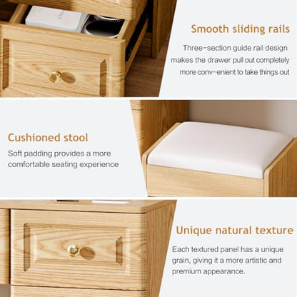 Arulvmrn 43" Makeup Vanity Desk with Mirror and Lights, & Power Outl, Glass Top Big Vanity Table with 9 Drawers& 8 Storage Shelves, Dressing Table Set with Chair for Bedroom, Wood - color: Wood