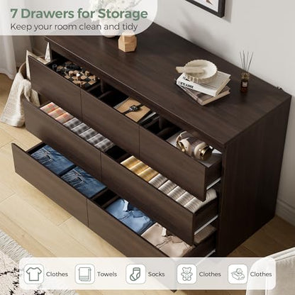 Jocoevol Modern Brown 7 Drawer Dresser for Bedroom, Simply Chest of Drawers, Wood Storage Dresser with Deep Drawers for Living Room Hallway Entryway, Brown - color: Brown