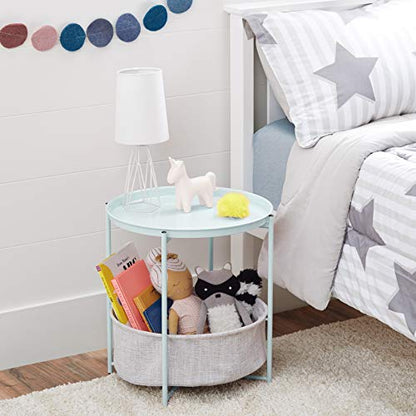 Amazon Basics Round Storage End Table, Side Table with Cloth Basket, Mint Green/Heather Gray, 18 in x 18 in x 19 in - color: Mint Green