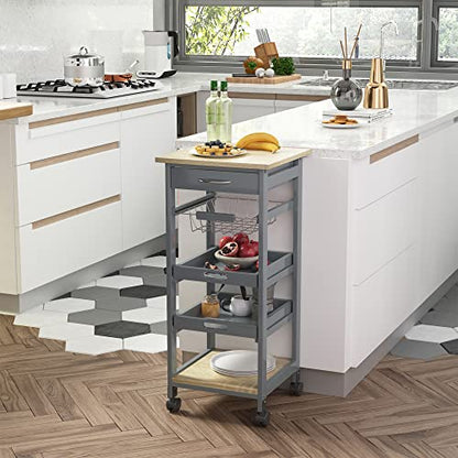HOMCOM Mobile Kitchen Cart with Storage Solid Wood Frame Utility Cart Gray | Rolling Kitchen Island, Wire Fruit Baskets, Trays, Drawer - color: Grey