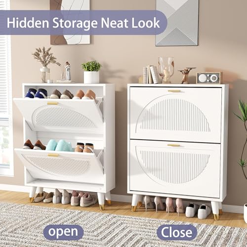 Shoe Cabinet Storage for Entryway: 24" White Slim Shoe Storage Cabinet with 2 Flip Drawers, Narrow Hidden Shoes Storage, Wood Shoes Organizer Cabinets for Hallway (1, 2-Drawers) - size: 2-Drawers