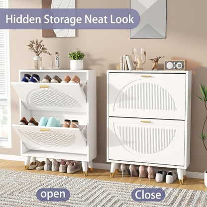 Shoe Cabinet Storage for Entryway: 24" White Slim Shoe Storage Cabinet with 2 Flip Drawers, Narrow Hidden Shoes Storage, Wood Shoes Organizer Cabinets for Hallway (1, 2-Drawers) - size: 2-Drawers