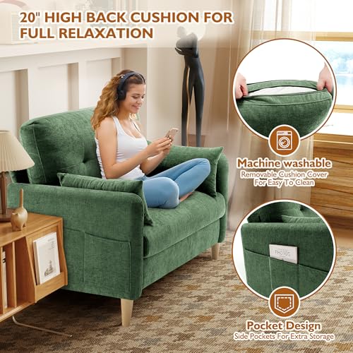 Urhanherry 47" Small Sofa Couch for Bedroom, Soft Chenille loveseat Mini Couch with Throw Pillow and Removable Cushion Cover for Small Spaces, Living Room, Apartment, Dorm, Office(Green) - color: Green