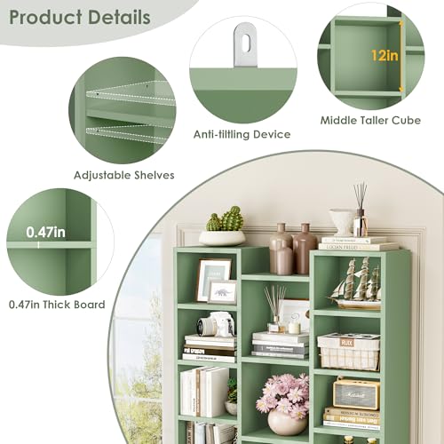 FOTOSOK 71'' H Bookshelf with 21 Cubes, Triple Wide Tall Bookshelf Green | 8 Tier Bookcase with 8 Adjustable Shelves, Large Bookshelf DVD/CD Media Tower Storage, Freestanding Display Shelf Cabinet - color: Green