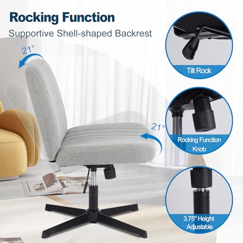 DUMOS Criss Cross Chair, Cross Legged Vanity Chair, Office Desk | Armless Wide Comfy Seat, Swivel Height Adjustable, Comfy Fabric, Computer Task, for Bedroom Study, Grey No Wheel - color: Grey No Wheel