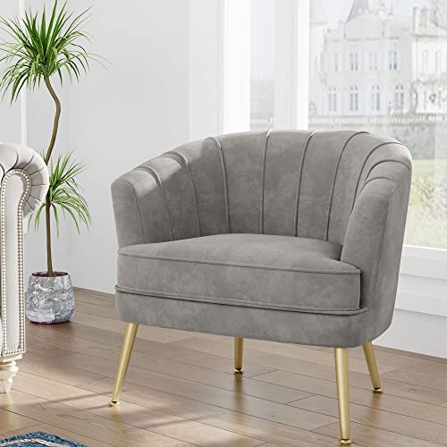 Velvet Accent Chair, Barrel Armchair, Grey | Velvet Upholstery, Golden Metal Legs, Comfy Barrel Back, Modern Style, Living Room Bedroom Office - color: Grey, size: 1 Chair