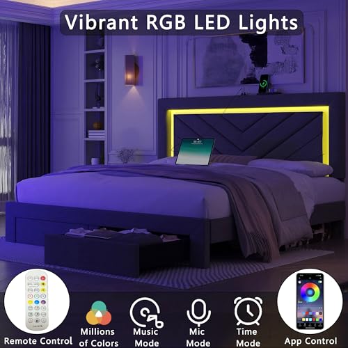 Full Size Bed Frame with Adjustable Headboard and Storage Drawer, Upholstered Bed Frame Full with RGB LED Lights and Charging Station, Easy Assembly, No Box Spring Needed, Grey - color: Grey, size: Full