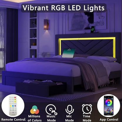 Full Size Bed Frame with Adjustable Headboard and Storage Drawer, Upholstered Bed Frame Full with RGB LED Lights and Charging Station, Easy Assembly, No Box Spring Needed, Grey - color: Grey, size: Full