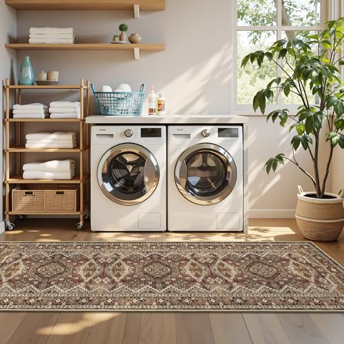 Rugland 2'6x8' Runner Rug, TPR07-Rust, Vintage Tribal, Stain Resistant, Anti-Slip Backing, Machine Washable, Low Pile, Indoor, Rug | Low Pile, Soft & Lighweight, Folable, Stain Resistant Tribal 2.5x8ft Carpet Runners for Entryway,Kitchen,Living Room,Bedro