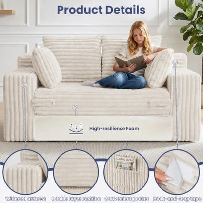 3-in-1 Convertible Sofa Bed: Boneless Loveseat Sleeper & Folding Couch Bed with 4 Pillows & Detachable Cushion,Furry Futon Couch for Bedroom,Apartment,Office and Living Room, No Assembly,Beige - color: D-beige, size: Loveseat Sofa