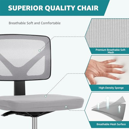 OLIXIS Armless Home Office Chair, Ergonomic Small Desk Chair | Mesh Back, Removable Washable Foam Cushion, Height Adjustable, Rolling Swivel Wheels, Small Space, Grey - color: Grey