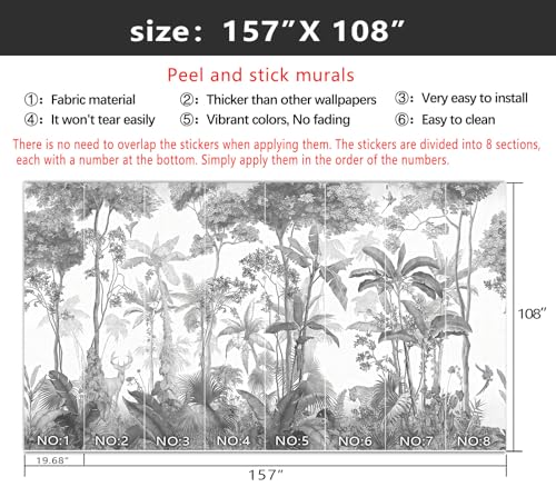 YIHWM-Peel and Stick Tropical Rainforest Wallpaper Grey Jungle Plants Mural | Tear-resistant,with a substantial feel;Will not be damaged during repositioning.Bathroom,Bedroom wallpaper.XL-157"x108" - color: Yh14, size: 157"x108"