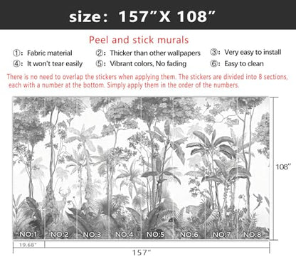 YIHWM-Peel and Stick Tropical Rainforest Wallpaper Grey Jungle Plants Mural | Tear-resistant,with a substantial feel;Will not be damaged during repositioning.Bathroom,Bedroom wallpaper.XL-157"x108" - color: Yh14, size: 157"x108"