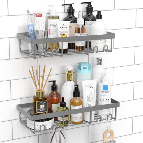 Moforoco Shower Caddy Shelf Organizer Rack, Self Adhesive Black Bathroom Shelves Basket, Home Farmhouse Wall Inside Organization and Storage Decor Rv Accessories, First Camper Apartment Essentials - color: Grey, size: Medium