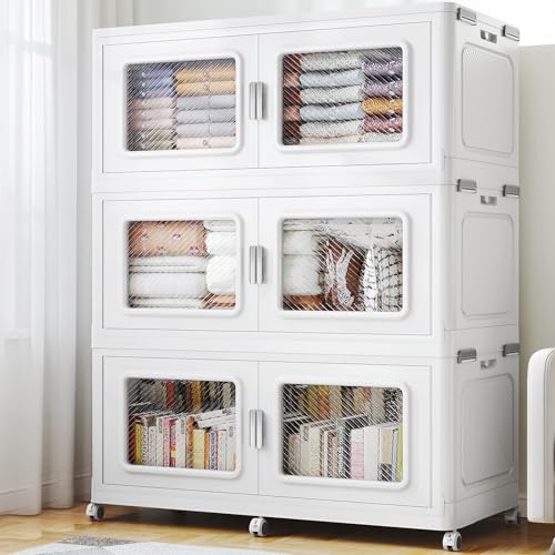 BROVIEW 900 Qt Extra Large Stackable Storage Bin with 1 Lid, 3 Pack White | 225Gal Extra Large, Collapsible Storage Boxes with 1 Lid, Folding& Rolling Plastic Drawer, Heavy-Duty Cabinet Organization - color: White, size: 300QT-3pack