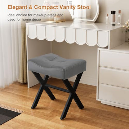 18-Inch Leather Vanity Stool Chair, Gray Makeup Stool | Vanity Bench, Metal X-Leg, 300 LBS, 16.3"x12.4"x18", Ottoman Accent Stool, Thick Padded Saddle Seat, For Living Room Bedroom - size: Small, style: Gray Leather