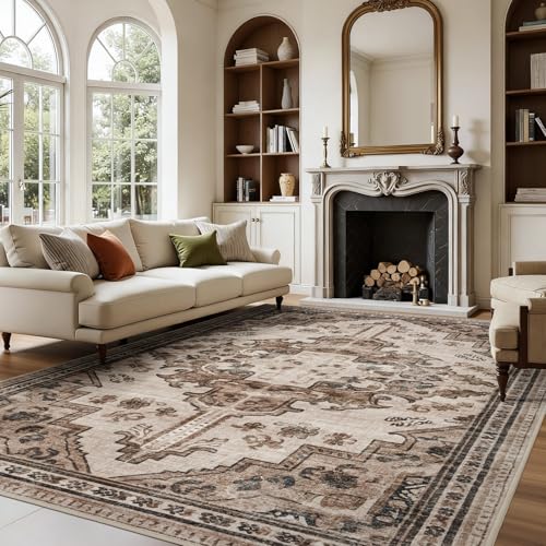 Joydeco Washable Rug 5x7 for Bedroom, Vintage Area Rugs for Living Room | Boho Medallion Soft Low Pile Non Slip Indoor Throw Carpet for Entryway Dining Room Farmhouse Home Office, Light Coffee Brown - color: Light Coffee, size: 5' x 7' (Rectangular)