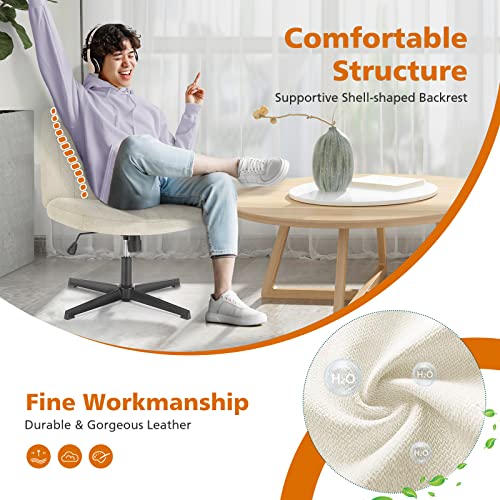 Sweetcrispy Criss Cross Chair, Armless Office Desk Chair | Height Adjustable, Wide Seat, Cute Comfy Fabric, Task Seating, No Wheels, Home Bedroom Vanity, Beige