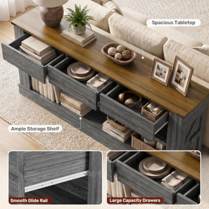 Miereirl 63" Console Table with Drawers & LED Light, Brown & Dark Grey | Narrow Entryway Sofa Table, 3 Storage Drawers & Open Shelves, Behind Couch, Living Room Hallway Foyer - color: Rustic Brown&dark Grey