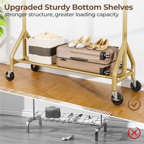 HYSEYY Heavy Duty Clothes Rack Load 450 LBS, Metal Garment Rack, Standing Rolling Clothing Rack for Hanging Clothes with Sturdy Wheels & Shelves, Portable Closet Wardrobe Rack,Gold - color: Gold