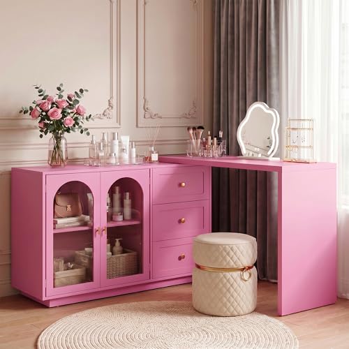 FansaFurn 83" L-Shaped Vanity Desk for Bedroom | 3 Drawer & 2 Door, Rotatable Tabletop, Oversized Makeup Table for Women Girls, Wood Dresser for Apartment, Home Office, Pink - color: Pink, size: 83“