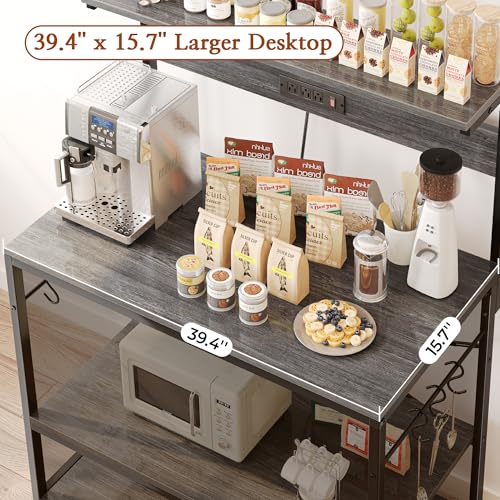SUPERJARE Bakers Rack with Power Outlets, Microwave Stand, 39.4 X 14.3 Inch Larger Desktop, Kitchen Storage Rack with Adjustable Middle Shelf, 6 S-Shaped Hooks, Coffee Bar Stand, Grey - color: Charcoal Gray, size: 39.4inch