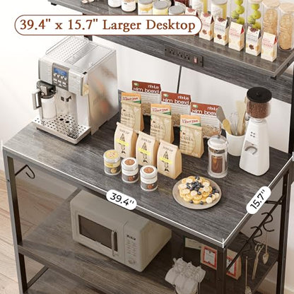 SUPERJARE Bakers Rack with Power Outlets, Microwave Stand, 39.4 X 14.3 Inch Larger Desktop, Kitchen Storage Rack with Adjustable Middle Shelf, 6 S-Shaped Hooks, Coffee Bar Stand, Grey - color: Charcoal Gray, size: 39.4inch