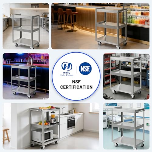 Hally Stainless Steel Utility Cart 3 Tier NSF Rolling Carts 31" Lx19 Wx34 H | Commercial Heavy Duty Metal Mobile Food Cart, with Handle and Wheels, for Kitchen, Restaurant, Hospital, Laboratory and Home - size: 19''x31''x34''