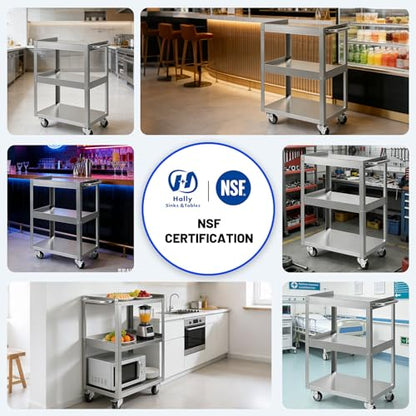 Hally Stainless Steel Utility Cart 3 Tier NSF Rolling Carts 31" Lx19 Wx34 H | Commercial Heavy Duty Metal Mobile Food Cart, with Handle and Wheels, for Kitchen, Restaurant, Hospital, Laboratory and Home - size: 19''x31''x34''